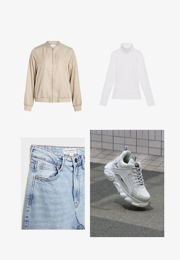 Beige bomberska jakna iz glatke tkanine, s okruglim izrezom, prednjim zatvaračem i elastičnim manžetama i donjim rubom. Jednostavan dizajn bez uzoraka.; Valkoinen pitkähihaisella poololla varustettu paita, joka on valmistettu sileästä ja joustavasta kankaasta. Ominaisuuksiin kuuluu korkeakauluksinen ja tiukka malli, ilman näkyviä kuvioita tai koristeita.; Vaaleansiniset farkut, joissa on korkea vyötärö, viisi taskua, kuparinväriset yksityiskohdat ja hienovarainen kuluminen, vyötäröllä oleva etiketti.; Valkoiset tennarit, joissa on verkko- ja nahkamateriaaleja, pyöreä kärki, paksu pohja, erottuvat nauhat sekä brändäys kantapäässä ja kielessä.
