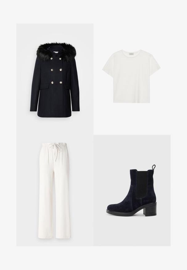 Jūrų peacoat su nuimamu juodu dirbtiniu kailiu, dvigubais auksiniais mygtukais, dviem priekinėmis kišenėmis ir tekstūruotu audiniu.; Balta trumpa rankovė T-marškiniai, pagaminti iš minkštos medvilnės. Charakterizuojami apvali kaklo iškirpte ir laisvu siluetu. Švarus dizainas be matomų raštų ar akcentų.; Balti plačios kelnės, pagamintos iš minkštos medžiagos, su raišteliu liemens srityje ir glotnia tekstūra. Nėra matomų raštų ar puošmenų.; Tamsiai mėlynos suknelės odos aulinukai iki kulkšnių su elastingu šoniniu paneliu, apvaliu pirštu ir bloko kulnu. Tekstūruota medžiaga ir lygi padas suteikia kontrastą.