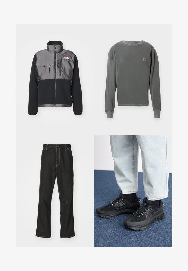 The North Face RETRO DENALI JACKET - Fleecejacka - black/moonstone grey; Grå långärmad tröja med rund hals och ribbad textur, med en liten fyrkantig logotyp på vänster bröst och ribbade ärmslut.; Svarta denimjeans med en lös passform, med kontrasterande vita sömmar, knäppning och raka ben.; Svarta sportskor med texturerat tyg och gummisulor, med elastiska snörningar och en blå detalj på hälen. Bärs med ljusa jeans.