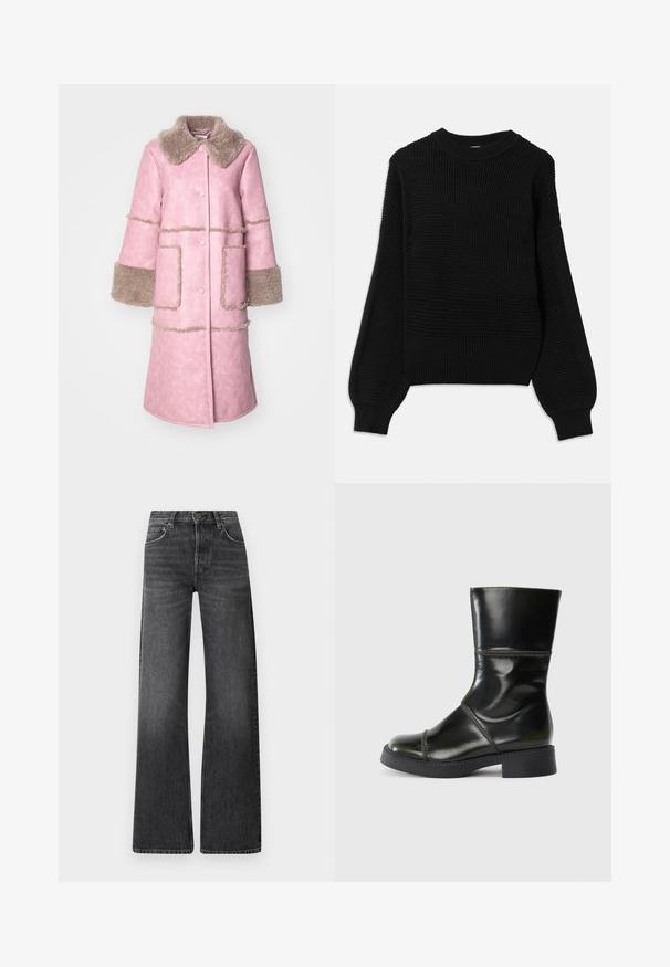 Baum und Pferdgarten DAFNE - Klasický kabát - washed lilas; Čierny sveter s textúrovaným pleteným dizajnom, rebrovaným kulatým výstrihom a oversized balónovými rukávmi s hladkým povrchom.; Čierne riflové nohavice s vysokým pásom a širokým strihom. Obsahujú päť vreciek a jemne vyblednutú textúru s kontrastným prešívaním.; Čierne kožené členkové topánky s okrúhlym špičkou, hladkým povrchom, kontrastným prešívaním a blokovým podpätkom, s mierne zúženým silueta.