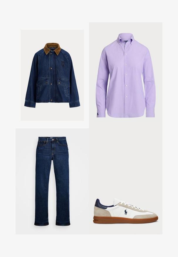 Tumehalli denimhape, mille pruuni korduroo kraega, millel on kaks esikülge taskut, hõbedane riistvara ja silmusdetail vasakul rinnal.; Hele lilla nööbiga särk klassikalise kraega, pikkade varrukatega ja kerge kangaga. Varu lõpus on õrn tikandiga logo.; Tumedad sinised teksad, sirge lõikega, viiega taskut, vasest tikandite ja klassikalise nupupäisega.; Valged ja beežid sneakers, mille pealis on valmistatud nahast ja sugudest, mereväe aktsentidega ning pruuni kummitaldaga. Omab logot külgedel ja paeltega disaini.