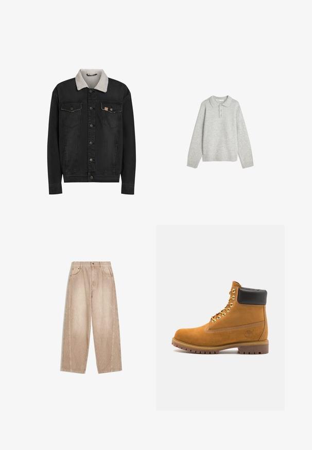 Musta farkkutakki valkoisella sherpa-kauluksella, napitettava etuosa ja kaksi nappiläppätaskua rintataskuina, esiteltynä valkoista taustaa vasten.; Harmaa neulepullover, jossa on kauluspää, kolme etupainiketta ja ribbireunukset. Kangas vaikuttaa pehmeältä ja teksturoidulta, ja se on rento malli.; Beige corduroy levele-legged trousers with vertical ribbing, which feature front pockets, belt loops, and a zip fly with button closure.; Valkoinen nahkainen nilkkuri mustalla pehmustetulla kauluksella, kultaisilla metallisilla rei'illä, valkoisella ompeluksella ja jykevällä kumipohjalla, jossa on selvästi näkyvät urat.