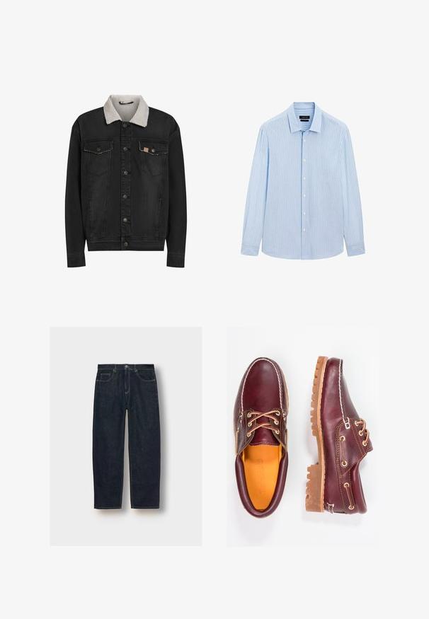 Sort denimjakke med hvid sherpa-krave, knaplukning foran og to brystlommer med klap, vist på hvid baggrund.; Lysblå skjorte med knapper og lodrette hvide striber, lange ærmer, krave og lige kant. Blandet bomuldsstof.; Mørkeblå denim jeans med løs pasform, fem lommer og kontrastsyninger. Har en knap- og lynlåsclosure. Glat tekstur.; Bordeaux lædersko med brune gummisåler, rund tå, hvid syning og gyldne snøringer. Indersiden har et gult for.