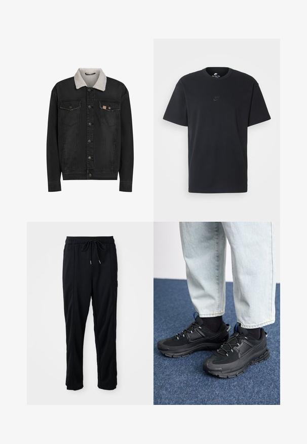 Schwarze Jeansjacke mit weißen Sherpa-Kragen, Knopfverschluss vorne und zwei Knopf-Flap-Brusttaschen, vor weißem Hintergrund dargestellt.; Schwarzes Baumwoll-T-Shirt von Nike mit klassischem Rundhalsausschnitt, kurzen Ärmeln und einem dezenten, geprägten Logo auf der Brust. Glatte Textur.; Schwarze lässige Hosen mit Kordelzug und seitlichen Eingrifftaschen sowie geradem Bein auf einem einfarbigen Hintergrund.; Schwarze Sportschuhe aus strukturiertem Stoff mit Gummisohlen, ausgestattet mit elastischen Schnürsenkeln und einem blauen Akzent an der Ferse. Getragen mit hellen Jeans.