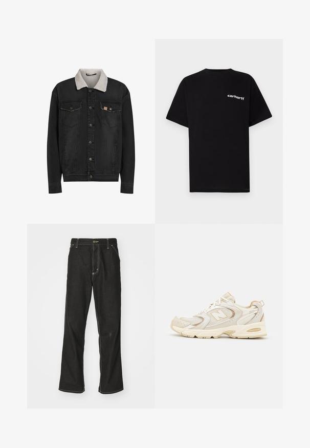 Black denim jacket with white sherpa collar, button front closure, and two button-flap chest pockets, shown on white background.; Black cotton t-shirt with short sleeves, crew neckline, and white "Carhartt" logo on the left chest. Smooth texture, minimal design.; Black denim jeans with a loose fit, featuring contrasting white stitching, a button closure, and a straight leg design.; Beige athletic shoes with mesh and synthetic overlays, featuring a textured surface, padded collar, and "ABZORB" cushioning at the heel.