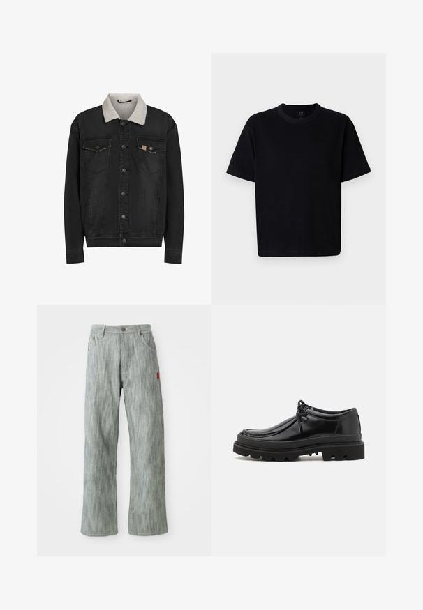 Zwarte spijkerjack met witte sherpa-kraag, knopenfrontsluiting en twee knoop-flap borstzakken, weergegeven op een witte achtergrond.; Zwarte katoenen T-shirt met een ronde halslijn, korte mouwen en een rechte snit. Kenmerkt zich door minimale stiksels en een zachte, gladde textuur.; Lichtgrijze recht gesneden denim broeken met voor- en achterzakken, knoopsluiting en een klein rood stoffen label aan de rechterzijde.; Zwarte leren derby schoenen met een strak ontwerp, ronde neus en een getextureerde rubberen zool met diepe groeven voor grip.