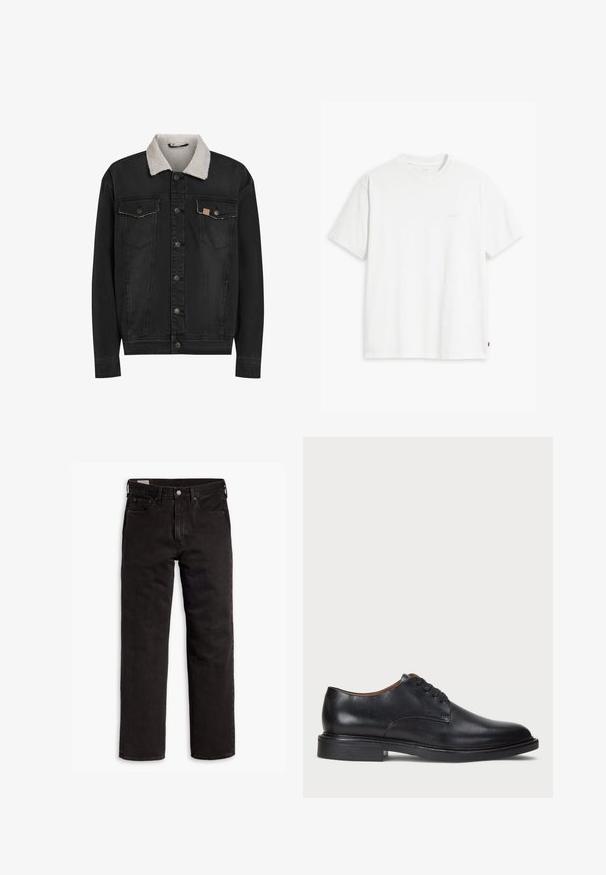Melna denima jaka ar baltu šerpa apkakli, ar pogu priekšpusi un divām pogu-flapa krūšu kabatām, parādīta uz baltā fona.; Balts kokvilnas T-krekls ar īsām piedurknēm un apaļu kakla izgriezumu, priekšpusē redzama smalka gaišas krāsas "Levi's" logo.; Melnas taisnās kājas džinsu bikses ar piecām kabatām, pogu aizdari un jostas cilpām, izliktas uz balta fona.; Melnas ādas kleitu kurpes ar apaļu purngalu, auklu dizainu un zemu sakrautu papēdi. Gluda virsma ar minimālām šuvju detaļām.