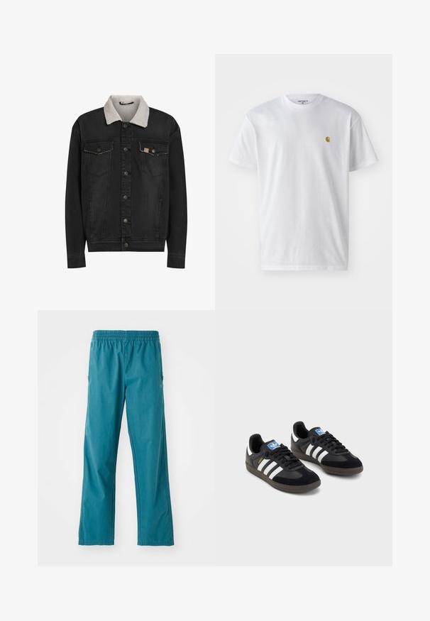 Črna denim jakna z belim sherpa ovratnikom, sprednjim zapiranjem na gumb in dvema žepoma s poklopcem na prsih, prikazana na beli podlagi.; Bela bombažna majica s kratkimi rokavi, krožnim ovratnikom, z majhnim zlatim logotipom na levem prsnem predelu. Mehka tekstura in običajen kroj.; Teal hlače iz lahkega blaga, z elastičnim pasom in ravnim krojem, z stranskimi žepi.; Črne športne copate z zgornjim delom iz semiša in sintetičnih materialov, ki imajo tri bele črte, teksturiran gumijast podplat in modro označevalno oznako na jeziku.