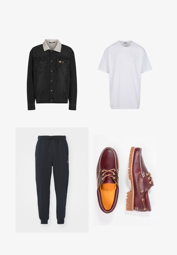 Sort denimjakke med hvid sherpa-krave, knaplukning foran og to brystlommer med klap, vist på hvid baggrund.; Hvid bomulds t-shirt med korte ærmer, rund halsudskæring, afslappet pasform, og ingen synlige logoer eller mønstre. Glat tekstur og minimalistisk design.; Sorte joggingbukser lavet af blødt stof, med en elastisk talje med snøre, ribbede manchetter og et lille logo på venstre lår.; Bordeaux lædersko med brune gummisåler, rund tå, hvid syning og gyldne snøringer. Indersiden har et gult for.