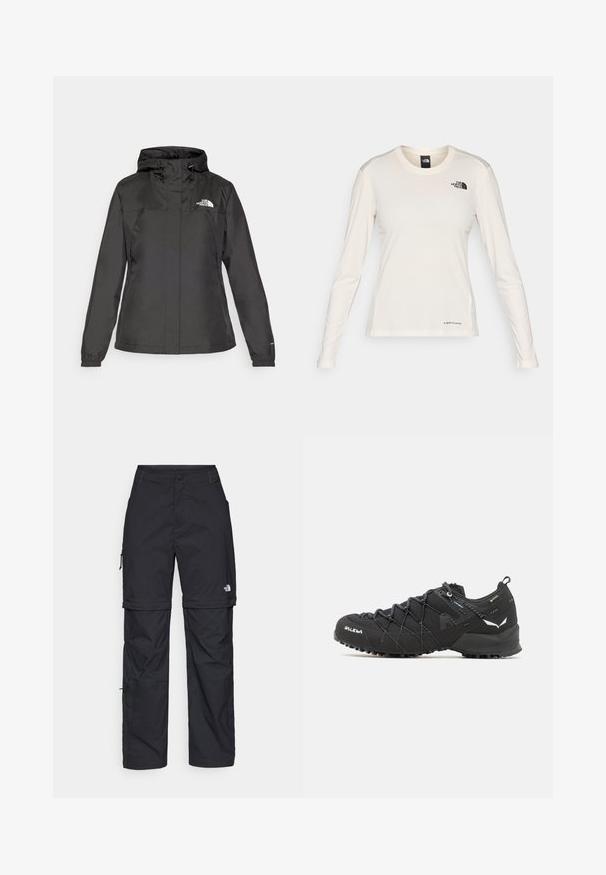 Svart vanntett jakke med en tettsittende design, justerbar snøring i hetten og elastiske mansjetter. Har logo på venstre bryst og en glatt tekstur.; The North Face SHADOW LONG SLEEVE - Topper langermet - white dune; Svarte nylon cargo-bukser med glidelås og justerbare mansjetter, flere lommer og en logo på høyre bein. Glatt, lett tekstur.; Sorte tursko med teksturert stoffoverdel, snøresystem og røff gummisåle. Utsmykket med reflekterende detaljer og logoer.