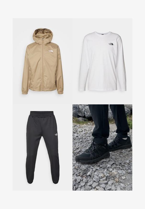 Beige hooded jacket with a front zipper, elastic cuffs, and embroidered logo on the left chest. Smooth, lightweight material.; White long-sleeve T-shirt made of cotton with a crew neck. Features a small black logo on the chest. Smooth texture, regular fit.; Black sweatpants with a drawstring waist, tapered fit, elastic cuffs, and a small white logo on the left thigh, made from smooth fabric.; Black outdoor shoes with mesh and synthetic material, featuring a textured upper, secured lacing system, and a rugged outsole, on rocky terrain.