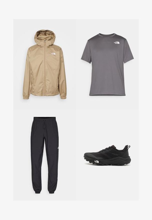 Beige kapucnis dzseki elülső cipzárral, elasztikus mandzsettákkal és hímezett logóval a bal mellrészen. Simató, könnyű anyag.; Szürke, rövid ujjú sportpóló sima, könnyű anyagból. Bal mellen fehér logó található. Kerek nyakú kialakítás.; Fekete sportnadrág, könnyű anyagból készült, húzózsinóros derékkal, oldalsó zsebekkel és szűkített szárakkal a bokáknál.; Fekete terepfutó cipő, textúrált felső résszel, gumitalppal és megerősített lábujjrészével. Párnázott bokarésszel és húzófüllel rendelkezik a könnyű felhúzáshoz.