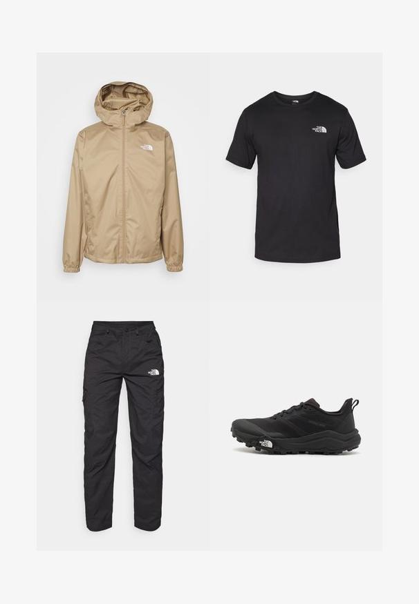 Beez žakett kapuutsiga, esisegamisriidest, elastsete mansettidega ja vasakul rinnal tikitud logoga. Sile, kerge materjal.; Must have lühikeste varrukatega must T-särk, mis on valmistatud puuvillast, ümmarguse kaelusega ja väikese valge logoga vasakus ülanurgas.; Kerged püksid, mis on valmistatud kergest kangast. Omavad lukuga küljetaskuid ja logo vasakul reiel. Sirge jala disain.; Must tume jooksujalats musta värvi, tekstuurse ülemise osaga, kummist tallaga ja tugevdatud varbaga. Omab pehmendusega krae ja tõmblinti mugavaks selga panemiseks.