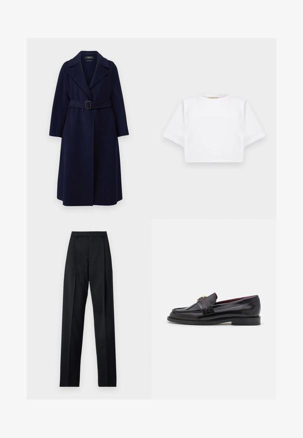 WEEKEND MaxMara MANU - Klassinen takki - blu; Lyhythihainen valkoinen t-paita pehmeää kangasta, jossa on pyöreä pääntie ja ribbireunat. Yksinkertainen ja ilman koristeita oleva malli.; Musta housut, jotka on valmistettu sileästä kankaasta ja joissa on korkea vyötärö, leveät lahkeet, etukaarteet ja klassiset vyölenkit. Ei näkyviä sivutaskuja.; Mustat nahkakengät, joissa on ommeltu kuvio, sileä pinta, kultainen solkiyksityiskohta ja pyöreä kärki, asetettu matalalle mustalle pohjalle.