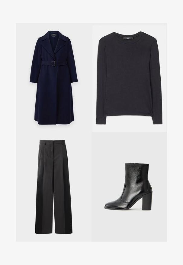 WEEKEND MaxMara MANU - Cappotto classico - blu; Maglietta nera a maniche lunghe con scollo rotondo, realizzata in tessuto morbido. Presenta un design semplice e dettagli di cucitura discreti lungo l'orlo.; Pantaloni neri a gamba larga con vita alta, caratterizzati da pieghe frontali, una texture liscia e una finitura sartoriale. Progettati per un fit rilassato.; Stivale alla caviglia in pelle nera, con una superficie liscia, punta affilata e tacco alto e massiccio. Presenta una apertura laterale e un design minimalista.