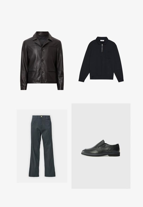 Giubbotto in pelle nera con colletto, chiusura frontale con bottoni e due tasche laterali. Texture liscia e design su misura con una vestibilità moderna.; Pier One Felpa - black; Pantaloni neri con taglio dritto, realizzati in tessuto misto cotone. Presentano una chiusura con bottone metallico e tasche laterali. Nessun motivo visibile.; Scarpa nera in pelle con inserto scivolare, superiore liscio, dettagli cuciti, punta arrotondata e tacco in gomma basso. La suola presenta un battistrada minimale.