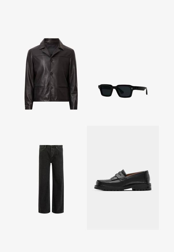 Czarna skórzana kurtka z kołnierzem, z przodu zapinana na guziki i z dwoma bocznymi kieszeniami. Gładka tekstura i dopasowany krój z nowoczesnym zestawieniem.; Brązowy sweter dzianinowy w prążki z okrągłym dekoltem i długimi rękawami, z teksturowanej tkaniny, z dopasowanymi mankietami i dołem. Prosty design.; Czarny prążkowany top bez rękawów z okrągłym dekoltem i szerokimi wycięciami na ramionach, wykonany z miękkiego, elastycznego materiału. Metka: Pull&Bear.; Czarne dżinsy o szerokich nogawkach z wysokim stanem, z klasycznym pięciopunktowym krojem oraz delikatnym wyblaknięciem dla uzyskania teksturowanego wyglądu.; Czarne skórzane mokasyny mają wyraźny szew, dwa dekoracyjne paski na górze oraz grubą, teksturowaną podeszwę dla lepszej przyczepności.; CHIMI UNISEX czarny