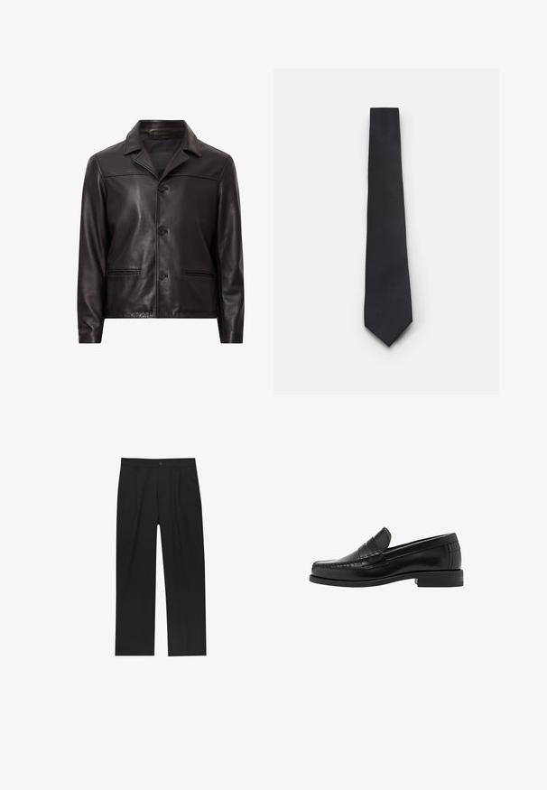Schwarze Lederjacke mit Kragen, Frontknopfverschluss und zwei seitlichen Taschen. Glatte Textur und maßgeschneidertes Design mit modernem Schnitt.; Weißes langärmeliges Hemd mit Knopfleiste aus glattem Stoff. Verfügt über einen klassischen Kragen, eine durchgehende Knopfleiste und Ein-Knopf-Manschetten. Figurbetonter Schnitt.; Schwarze Hose mit geradem Schnitt, aus einem glatten Stoff gefertigt. Verfügt über Vorderfalten und einen einzelnen Knopfverschluss an der Taille.; Schwarze Lederloafer mit glatter Oberfläche, genähten Details an der Zehe und einem flachen Absatzdesign für Komfort und Stil.; Schmale schwarze Krawatte mit einem strukturierten, diagonalen Rippmuster. Verfügt über eine spitze Spitze und eine glatte Oberfläche. Geeignet für formelle Anlässe.