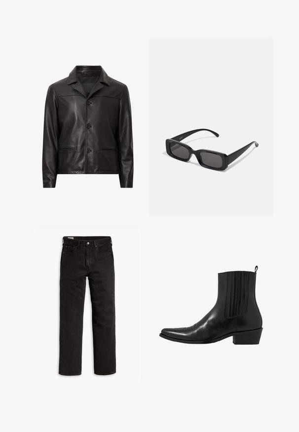 Giubbotto in pelle nera con colletto, chiusura frontale con bottoni e due tasche laterali. Texture liscia e design su misura con una vestibilità moderna.; Camicia bianca a maniche lunghe con colletto classico, tessuto morbido e patta frontale con bottoni tondi chiari.; Jeans in denim neri a gamba dritta con cinque tasche, chiusura a bottone e passanti per cintura, adagiati su uno sfondo bianco.; Stivale alla caviglia in pelle nera con punta affusolata, pannelli laterali elasticizzati, accenti di cuciture verticali e tacco a blocco basso.; Occhiali da sole neri rettangolari con lenti scure, finitura lucida, aste larghe e design della montatura spessa. Nome del marchio inciso su un'asta.