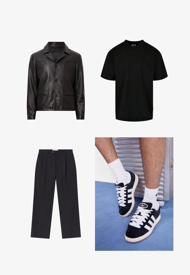 Musta nahkatakki, jossa on kaulus, edessä nappikiinnitys ja kaksi sivutaskua. Suuri sileä tekstuuri ja muotoiltu design nykyaikaisella istuvuudella.; Musta T-paita, joka on valmistettu puuvillasta, jossa on pyöreä kaula-aukko ja lyhyet hihat sekä väljä istuvuus. Yksinkertainen muotoilu, ei kuvioita tai grafiikkaa.; Tummansinisiä räätälöityjä housuja, joissa on korkea vyötärö, kaksi etupleittiä, nappikiinnitys ja suorat lahkeet sileästä kankaasta.; Mustat mokkasneakersit, joissa on valkoiset nauhat ja kolme valkoista raitaa. Kengissä on ympyrän muotoinen musta logo kielen päällä ja kuminen pohja.