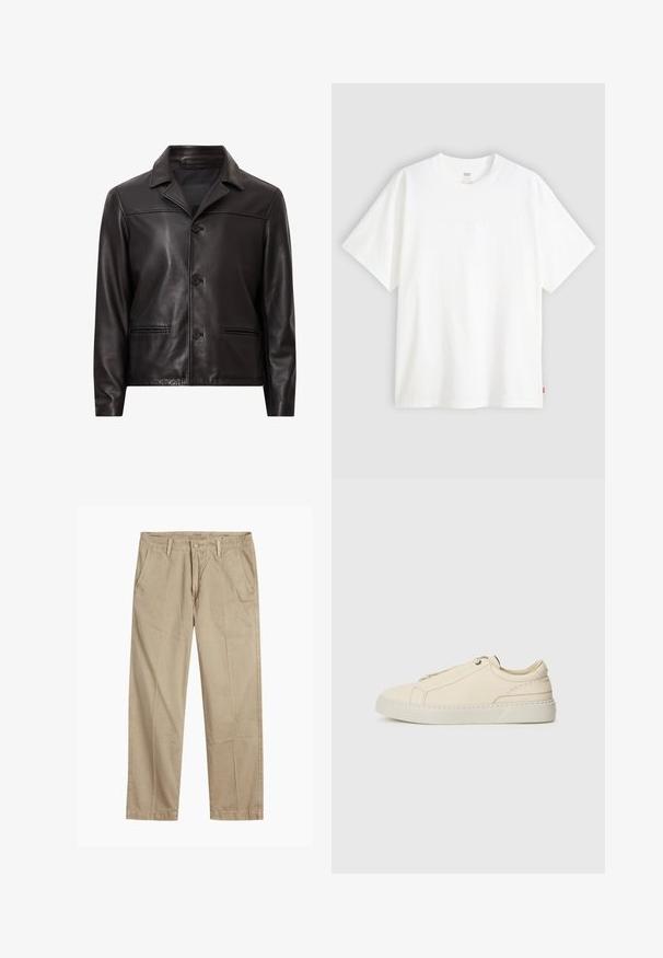 Černá kožená bunda s límečkem, zapínáním na knoflíky na přední straně a dvěma bočními kapsami. Hladký povrch a přizpůsobený design s moderním střihem.; Bílý krátký rukáv tričko vyrobené z bavlny s kulatým výstřihem. Na přední straně se nachází decentní embosované logo a červená cedulka na lemu.; Beige rovné chino kalhoty s poutky na opasek, zapínáním na přední knoflík a zip, a šikmými předními kapsami.; Krémové kožené tenisky s kulatou špičkou, minimalistickým designem, jemnými švy a texturovaným svrškem, na světlé podrážce.
