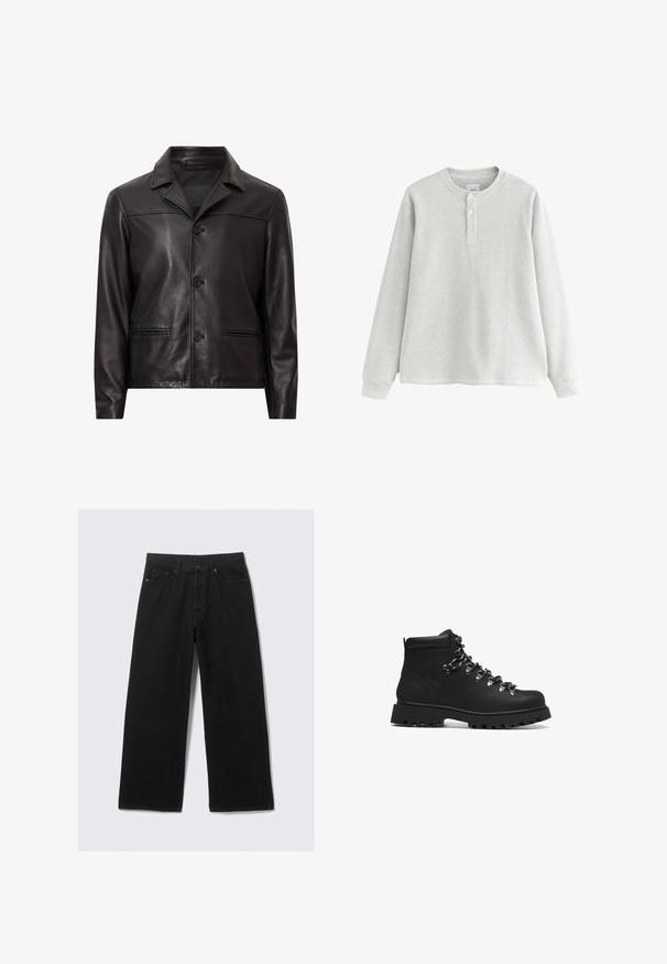 Czarna skórzana kurtka z kołnierzem, z przodu zapinana na guziki i z dwoma bocznymi kieszeniami. Gładka tekstura i dopasowany krój z nowoczesnym zestawieniem.; Jasnoszara koszula z długim rękawem o prążkowanej teksturze, z okrągłym dekoltem i detalem z trzema guzikami przy kołnierzu.; Czarne szerokie spodnie dżinsowe z klasycznym pięcioma kieszeniami oraz usztywnionym paskiem z szlufkami.; Czarne skórzane buty hikingowe z solidną gumową podeszwą, metalowymi haczykami do sznurowania i wysokim krokiem dla wsparcia i trwałości.