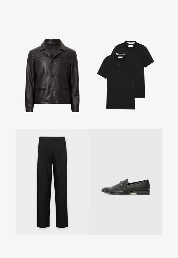 Giubbotto in pelle nera con colletto, chiusura frontale con bottoni e due tasche laterali. Texture liscia e design su misura con una vestibilità moderna.; Due magliette polo nere, con maniche corte, in cotone, con colletto classico, pattina a due bottoni e dettagli a righe bianche all'interno del colletto.; Pantaloni neri realizzati in tessuto liscio, caratterizzati da un taglio dritto, due pieghe frontali e una vita standard con passanti per la cintura.; Mocassino in pelle nera con finitura liscia, caratterizzato da un design cucito e da un accento decorativo in catena metallica sul vamp. Tacco piatto.