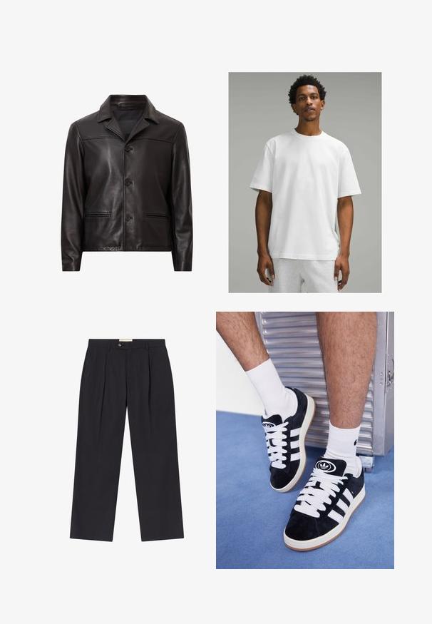 Zwarte leren jas met een kraag, sluiting met knopen aan de voorkant en twee zijzakken. Glad van textuur en een op maat gemaakte uitstraling met een moderne pasvorm.; Witte katoenen t-shirt met korte mouwen, ronde hals, ontspannen pasvorm. Gladde textuur, eenvoudige stijl, geen zichtbare patronen of accenten.; Op maat gemaakte donkerblauwe broeken met een hoge taille, twee voorplooien, knoopsluiting en rechte pijpen in een soepele stof.; Zwarte suède sneakers met witte veters en drie witte strepen. Heeft een cirkelvormig zwart logo op de tong en een gumrubberen zool.