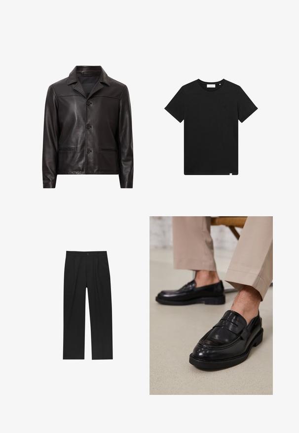 Giubbotto in pelle nera con colletto, chiusura frontale con bottoni e due tasche laterali. Texture liscia e design su misura con una vestibilità moderna.; T-shirt nera a maniche corte in cotone, con scollatura rotonda e un piccolo logo ricamato sul petto. Tessuto liscio, vestibilità standard.; Pantaloni neri con un design a gamba dritta, realizzati in un tessuto liscio. Presentano pieghe frontali e una chiusura a un bottone in vita.; Mocassini in pelle nera con finitura liscia, dotati di una cintura decorativa e cuciture a contrasto, abbinati a pantaloni beige.