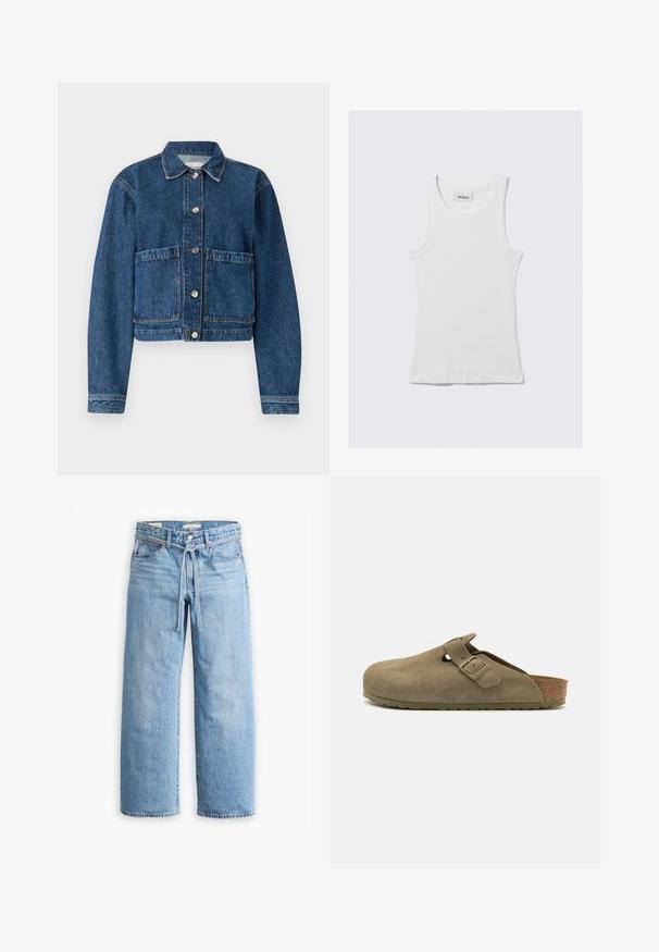 Tummansininen farkkutakki, jossa on kauluksellinen kaula, kaksi etupuolen läpyskää ja hopeiset nappikiinnitykset. Teksturoitu kangas klassisella designilla.; Valkoinen puuvillainen hihaton toppi, jossa on uritettu pinta, hihattomat mallit ja pyöreä kaula-aukko. Kaula-aukon kohdalla on etiketti, jossa lukee "WEEKDAY."; Vaaleansiniset farkut leveillä lahkeilla, joissa on korkea vyötärö, nappi- ja vetoketjukiinnitys sekä narutasku vyötäröllä. Raaka helma.; Olivi vihreä mokkanahkainen puukko, jossa on pyöreä kärki, säädettävä hihna ja korkkimäinen välikerros. Teksturoitu kumipohja tarjoaa pitävää ja tukevaa tukea.