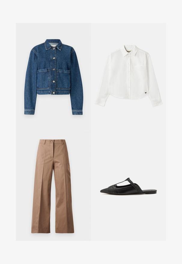 Jeansowa kurtka w ciemnoniebieskim kolorze, z kołnierzykiem, dwiema przednimi kieszeniami naszytymi i srebrnymi zapięciami na guziki. Teksturowana tkanina o klasycznym wzorze.; Biały, krótki, długi rękaw koszuli wykonanej z bawełny. Posiada zapięcie na guziki z przodu, kieszeń na piersi oraz małe czarne logo w lewym dolnym rogu.; Brązowe spodnie szerokie, wykonane z gładkiego materiału, z zamknięciem na guzik z przodu, dwiema przednimi kieszeniami oraz czystymi, dopasowanymi liniami.; Czarny skórzany but na odkrytej pięcie z pointed toe, ozdobiony plecionym akcentem i plisowanym wzorem górnej części. Płaska podeszwa z minimalnymi elementami.