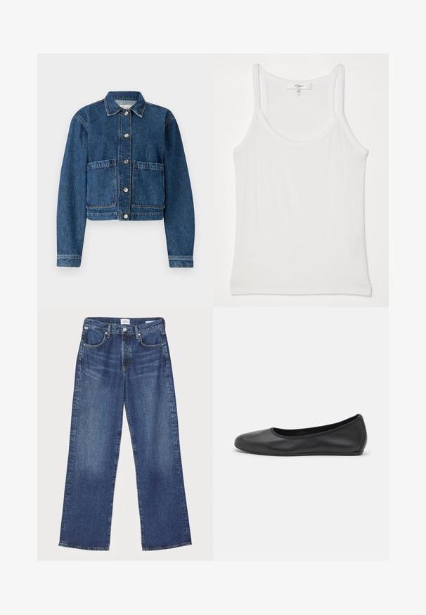 Jeansjacke in Dunkelblau mit kragen, zwei aufgesetzten Fronttaschen und silbernen Knopfverschlüssen. Strukturierter Stoff mit klassischem Design.; Weißes ärmelloses Tanktop aus weichem, geripptem Stoff; hat dünne Träger und einen runden Halsausschnitt, das Etikett trägt die Aufschrift "FRAME."; Citizens of Humanity ANNINA - Jeans Straight Leg - westwood dark indigo; Schwarze Leder-Ballettschuhe mit abgerundeter Spitze, glatter Textur, minimalen Nähdetails und einem flexiblen Sohlen-Design.