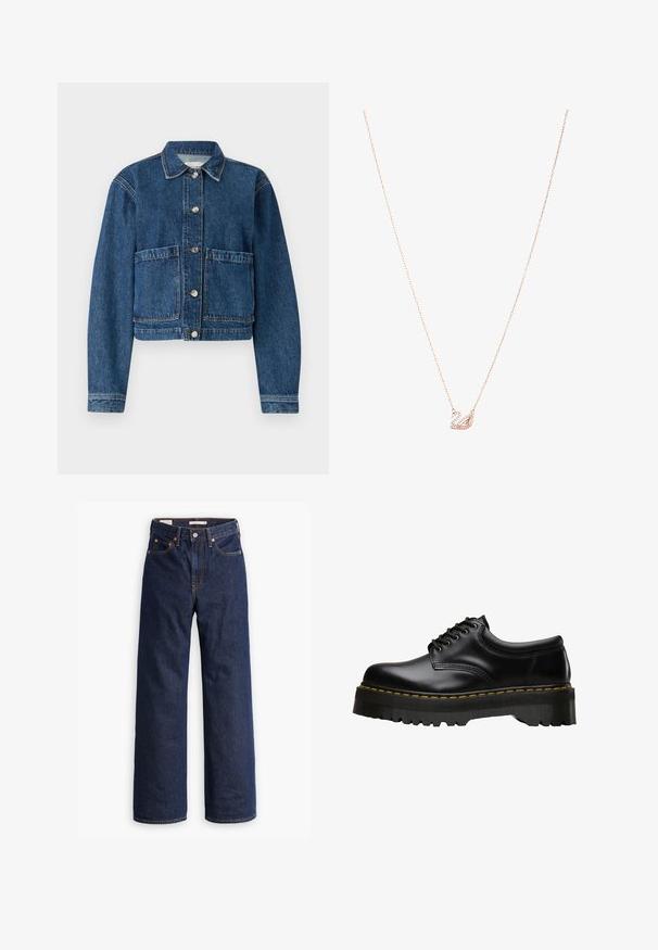 Tamna plava traper jakna sa ovratnikom, dva prednja džepa s flapsom i zatvaranjem na srebrne dugmadi. Teksturalni materijal s klasičnim dizajnom.; Tri dugih rukava posložena: crna, siva i bijela. Svaka ima okrugli izrez i skrateni kroj s glatkom, laganom tkaninom.; Tamno plave traperice ravnog kroja s pet džepova, narančastom šavom i zatvaranjem na gumb.; Crne kožne cipele na vezanje s debelim, nazubljenim crnim gumenim potplatom i žutim šavovima duž ruba, s glatkom završnom obradom.; Ogrlica u ružičastom zlatu s privjeskom labuda, ukrašena prozirnim kristalima. Lanac ima delikatan uzorak karika.