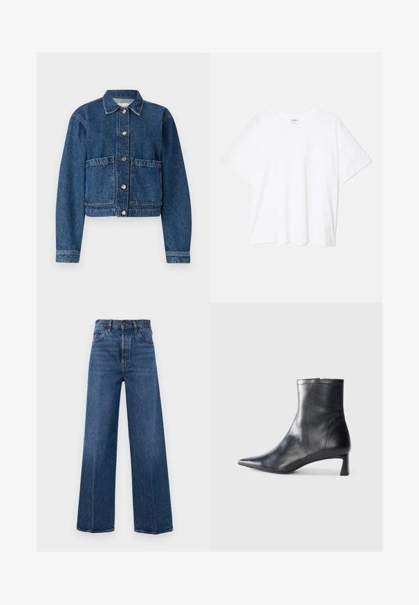 Tumši zilas džinsu jaka ar apkakli, divām priekšējām kabatām un sudraba pogām. Strukturēta auduma ar klasisko dizainu.; Balta kokvilnas T-krekls ar īsām piedurknēm, apaļu dekoltē, brīva piegriezuma un šūtu apakšmalu. Etiķete redzama iekšējā kakla daļā.; Plati zilie džinsi no denima ar augstu jostasvietu, priekšējiem kabatām un kontrastējošiem diegiem. Audumam ir gluda tekstūra.; Melnas ādas potītes zābaki ar norādītu pirkstu un elegantu dizainu. Iezīmē zemu papēdi un rāvējslēdzēja aizdari aizmugurē. Gluda tekstūra.