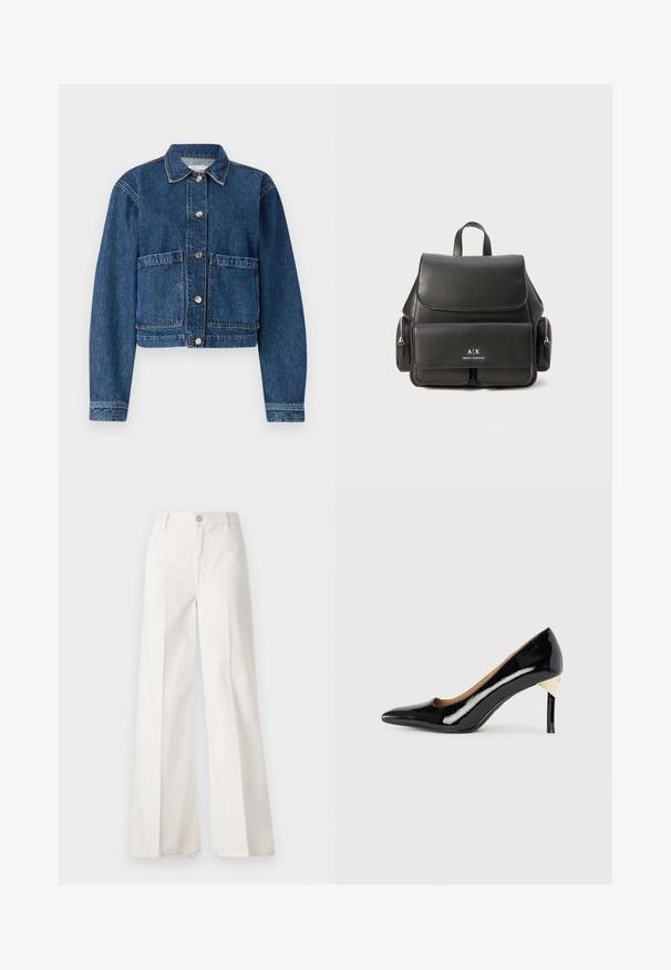 Giacca di jeans di colore blu scuro, con colletto, due tasche a pattina anteriori e chiusure con bottoni argentati. Tessuto strutturato con un design classico.; T-shirt bianco in cotone con maniche corte, scollo rotondo, vestibilità comoda e orlo cucito. Etichetta visibile all'interno del colletto.; Pantaloni bianchi a gamba larga realizzati in cotone con una texture liscia. Presentano un bottone anteriore, una zip e un design a quattro tasche.; Scarpa con tacco alto in vernice nera, punta affilata e design con ritagli; presenta un elegante accento dorato sul tacco. Semplice ed elegante.; Zaino in pelle nera con chiusura a pattina, tasca frontale, scomparti laterali con cerniera e manico superiore. Presenta dettagli con logo sul fronte.