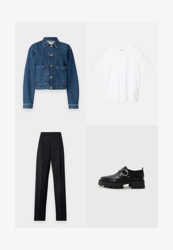 Sötétkék farmerdzseki, galléros nyakkal, két elülső folt-zsebbel és ezüst színű gombzárral. Textúrált anyag klasszikus dizájnnal.; Fehér pamut póló rövid ujjal, kerek nyakkivágással, laza fazonnal és varrott szegéllyel. Címke látható a belső nyakrészén.; Fekete nadrág sima anyagból, magas derékkal, széles lábakkal, elülső redőkkel és klasszikus övhurkokkal. Oldalzsebek nem láthatók.; Fekete bőr cipők tömzsi, bordázott talppal, kerek ezüst hardware díszítéssel és minimális varrási részletekkel.