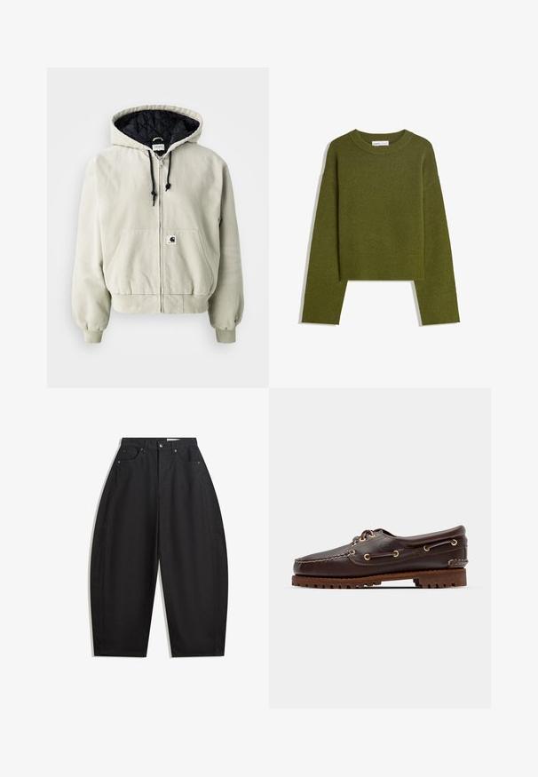 Capuchon ritsjack in lichtbeige katoen; gewatteerde zwarte binnenkant, verstelbare trekkoorden, twee voorkruiingen en elastische manchetten.; Olijfgroene gebreide trui met een ronde hals, lange mouwen en een geribde zoom. Beschikt over een cropped ontwerp met een zachte, gestructureerde afwerking.; Zwarte wijde broek gemaakt van katoen, met een hoge taille, vijf zakken en metalen knoopsluiting. Gladde textuur en geen zichtbare patronen.; Bruine leren bootsschoen met gouden oogjes, ronde veters en een gestructureerde bruine rubberen zool. Kenmerkt zich door gestikte details en een verhoogd logo.