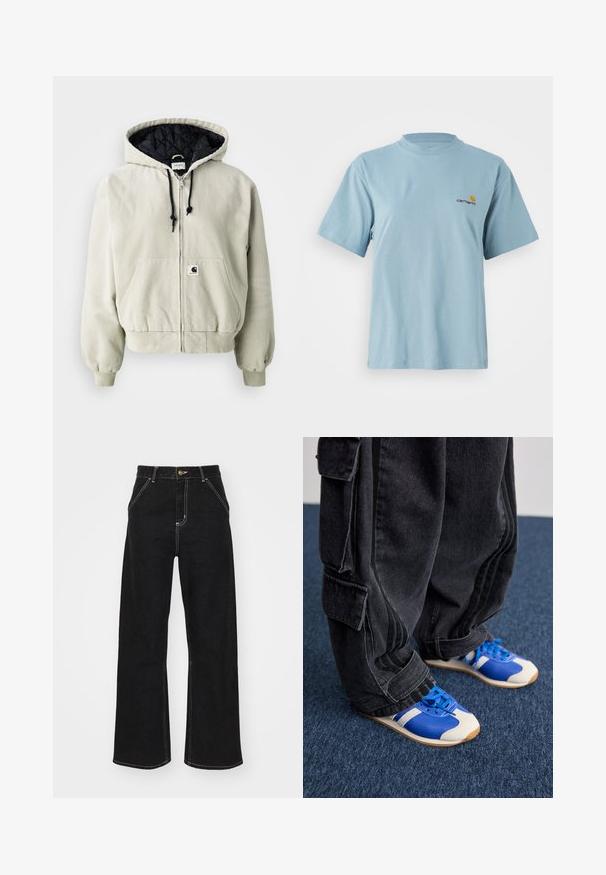 Kapuzenshirt aus leichtem beigen Baumwollstoff; gestepptes schwarzes Innenfutter, verstellbare Kordeln, zwei Vordertaschen und elastische Bündchen.; Himmelblaues kurzärmeliges Baumwoll-T-Shirt mit Rundhalsausschnitt und kleinem gelben und roten Carhartt-Logo auf der linken Brust.; Schwarze weit geschnittene Jeans aus Denim, mit kontrastierenden weißen Nähten und einem vorderen Knopfverschluss, ausgestattet mit zwei schrägen Fronttaschen.; Person mit lockeren schwarzen Cargo-Hosen und blau-weißen Sneakers steht auf einem dunkelblauen Teppich.