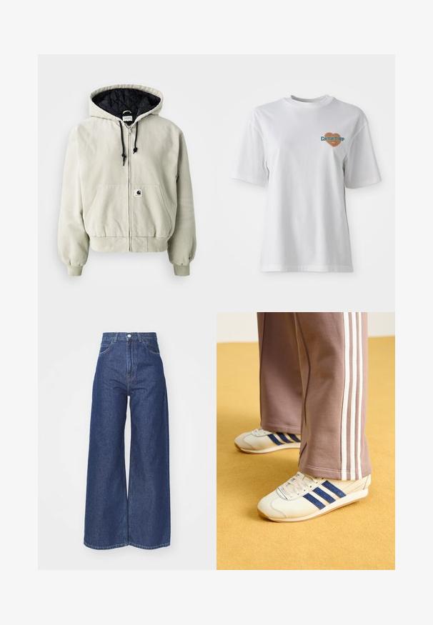 Kapuzenshirt aus leichtem beigen Baumwollstoff; gestepptes schwarzes Innenfutter, verstellbare Kordeln, zwei Vordertaschen und elastische Bündchen.; Carhartt WIP GROWTH - T-Shirt print - white stone washed; Hellebeinsjeans aus dunkelblauem Denim. Hohe Taille mit Reißverschluss und Knopfverschluss. Klassische Fünf-Taschen-Optik und gesäumte Kanten.; Cremfarbene Sneaker mit blauen Wildlederstreifen, weißen Schnürsenkeln und einer Gummisohle. Kombiniert mit grauen Jogginghosen mit weißen Seitenstreifen.