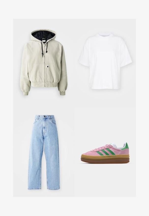 Kapitánka na zips v svetlo béžovej bavne; prešívaný čierny interiér, nastaviteľné šnúrky, dve predné vrecká a elastické manžety.; Biela bavlnená tričko s okrúhlym výstrihom, krátkymi rukávmi a voľným strihom. Obsahuje jemné logo na ľavej strane hrude. Hladká textúra.; Džínsy s vysokým pásom svetlo modrej farby, rovné široké nohavice, predný gombík, zips a predné aj zadné vrecká.; Ružové semišové tenisky so zelenými pruhmi, bielymi akcentmi a hnedou gumovou podrážkou. Obsahujú textúrovanú tkaninu a logo na boku.