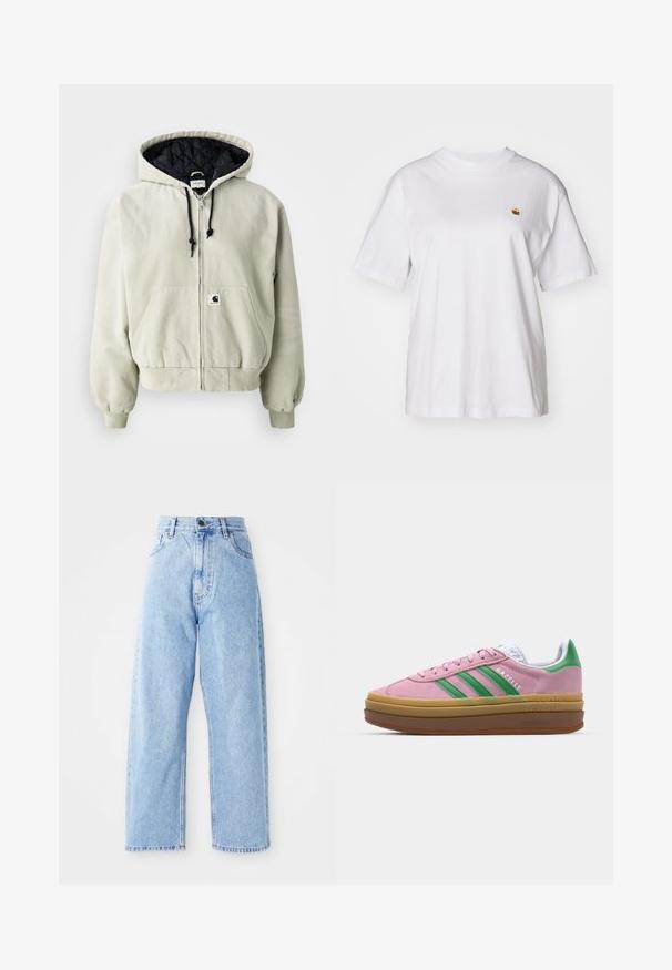 Jakna s kapuljačom na patentni zatvarač u svijetlo bež pamuku; podstava u crnoj jastučnoj tkanini, podesive vrpce, dva prednja džepa i elastične manšete.; Bijela pamučna majica s opuštenim krojem, kratkim rukavima i malim izvezenim logom na lijevoj strani prsnog dela.; Svijetloplave traperice visokog struka sa ravnim širokim nogavicama, prednjim dugmetom, zatvaranjem na zatvarač, te prednjim i stražnjim džepovima.; Roze suede tenisice s zelenim trakama, bijelim detaljima i smešnim gumiranim potplatima. Imaju teksturirani materijal i logo detalje sa strane.