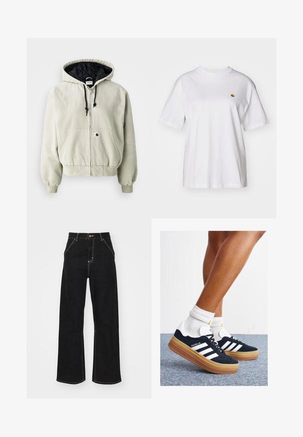 Švarkas su gobtuvu, užtrauktuku, šviesiai bežinės spalvos medvilnės; juoda pagalvėlė viduje, reguliuojamos raišteliai, kišenės priekyje ir elastiniai rankogaliai.; Balta medvilnė marškinėliai su laisvu sijonu, trumpomis rankovėmis ir maža siuvinėta logo kairėje krūtinės pusėje.; Juodi platūs džinsai, pagaminti iš džinsinio audinio, su kontrastingomis baltomis siūlėmis ir priekiniais mygtukais, turintys du kampinius priekinio kišenes.; Juodi zomšiniai sportbačiai su baltais dryžiais ir akcentais, apvalios nosies, guminio, gumos pado, derinami su baltais raitytais vidutinio ilgio kojinaitėmis.