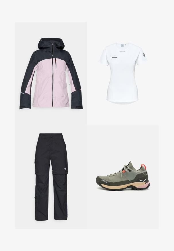 Veste d'extérieur à capuche rose et noire avec fermeture éclair à l'avant, poche poitrine zippée et logo Gore-Tex sur la manche.; T-shirt de sport à manches courtes, blanc, avec un col rond, arborant un logo sur la poitrine et une texture de tissu lisse et léger.; Pantalons cargo en nylon noir, à zip amovible, avec chevilles ajustables, plusieurs poches et un logo sur la jambe droite. Texture lisse et légère.; Chaussure de randonnée légère verte avec des matériaux en mesh et en caoutchouc, semelle extérieure noire antidérapante, accents roses et oranges, et capuchon renforcé.