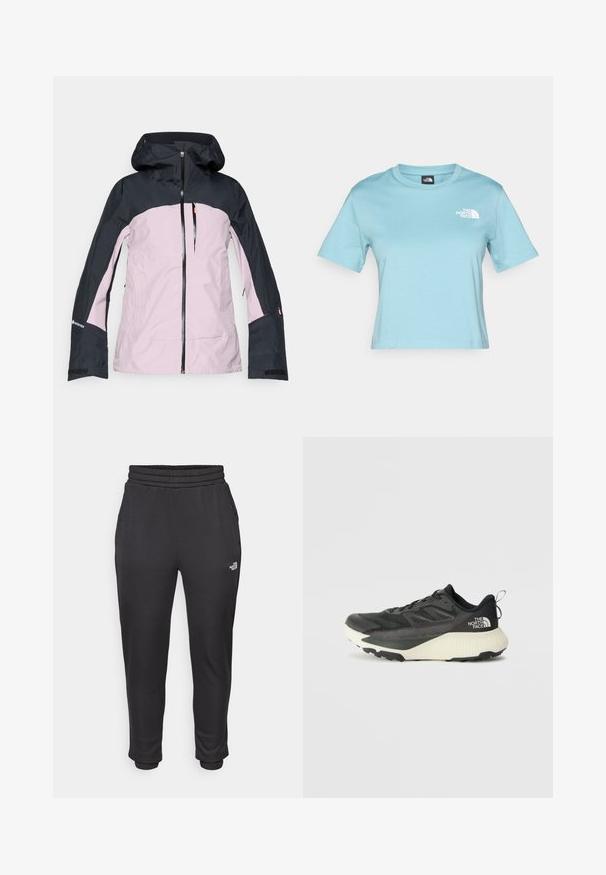 Rožinė ir juoda su gobtuvu lauko striukė su priekiniu užtrauktuku, užtrauktuku užsegama krūtinės kišenė ir Gore-Tex logotipas ant rankovės.; Šviesiai mėlynas medvilninis marškinėlis trumpomis rankovėmis ir apvaliu kaklu. Nuo krūtinės puošia mažas baltas logotipas, o siluetas yra laisvas.; Juodos sportinės kelnės su elastinga juosmeniu ir rankogaliais, pagamintos iš minkštos medžiagos, su šoninėmis kišenėmis ir logotipu kairėje šlaunoje.; Juodas sportinis batas su tekstūruota viršutine dalimi, su pilkomis detalėmis ir baltu viduriu. Apima pakėlimo juostelę ir ryškų prekės ženklo logotipą ant kulno.