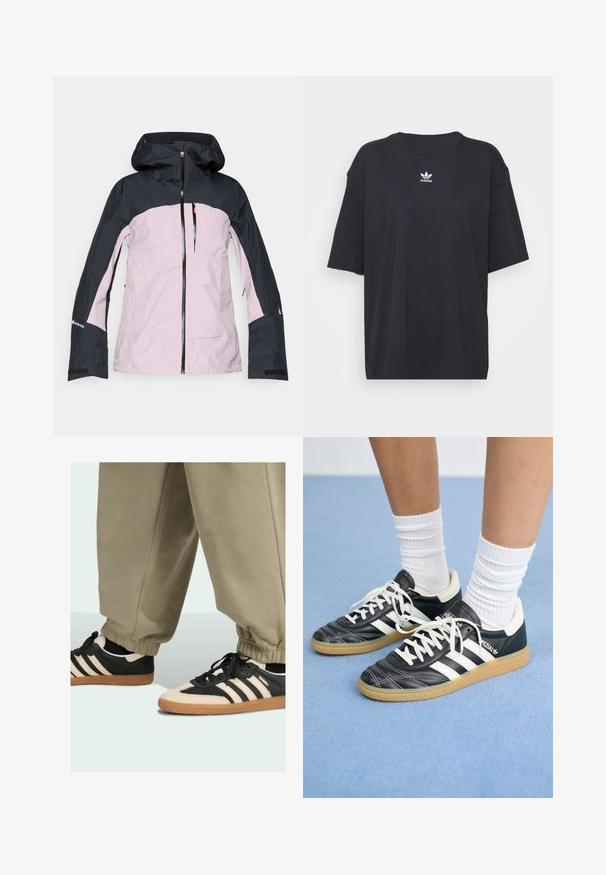 Hooded Outdoor-Jacke in Pink und Schwarz mit Frontreißverschluss, einer Brusttasche mit Reißverschluss und Gore-Tex-Logo auf dem Ärmel.; Schwarzes Baumwoll-T-Shirt mit kurzen Ärmeln, rundem Halsausschnitt, mit einem weißen Adidas-Logo auf der Brust. Einfaches Design, lockere Passform.; Schwarze und cremefarbene Sportschuhe mit Gummisohlen, die drei schwarze Streifen aufweisen, aus Wildleder und Leder, kombiniert mit grauen Hosen.; Schwarze Ledersneaker mit weißen Streifen, runder Zehenpartie, weißen Schnürsenkeln und Gummisohle. Abgerundet durch gepolsterten Kragen und Branding-Details.