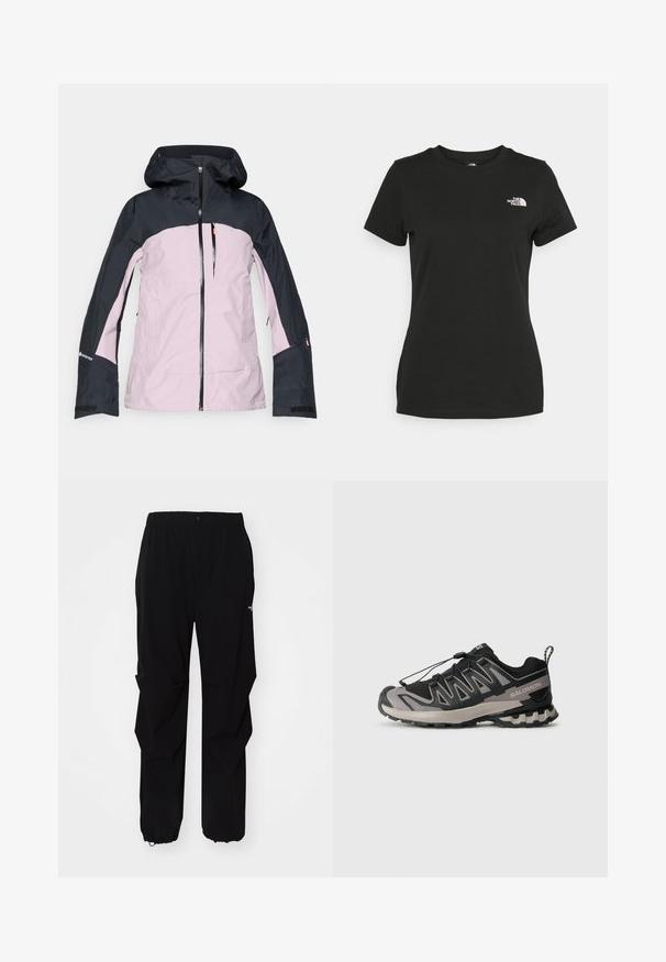 Kapturowa kurtka zewnętrzna w kolorze różowym i czarnym z przednim zamkiem, zamykaną kieszenią na piersi oraz logiem Gore-Tex na rękawie.; Czarna bawełniana koszulka z okrągłym dekoltem i krótkimi rękawami. Wyróżniające się białe logo na górnej lewej stronie. Gładka tekstura, luźny krój.; Czarne spodnie na świeżym powietrzu wykonane z wytrzymałego materiału, z luźnym krojem, elastycznym pasem i ściągaczami przy mankietach, umożliwiającymi regulację długości.; Czarno-szare buty sportowe z siateczkową cholewką, gumową podeszwą i elastycznym systemem sznurowania. Posiadają wzmocniony czubek i teksturowane akcenty.