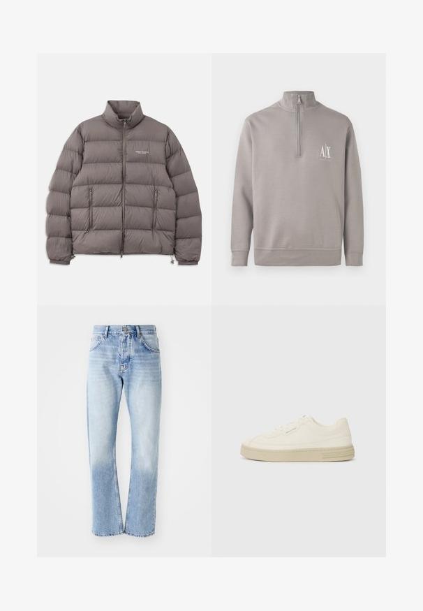 Grå polstret jakke med høy krage, frontglidelås og to glidelåslommer på siden. Glatt tekstur med quiltet mønster og logodetaljer.; Lys grå kvart-zip genser laget av mykt materiale, med en liten hvit logo på brystet og elastiske mansjetter og kant.; Lyse blå denimjeans med rett ben. Har fem lommer, knappestolpe og en falmet tekstur mot bunnen.; Hvite lerrets sneakers med en teksturert gummisåle, med en sydd tåhette og logo aksent på hælen. Enkel snøring.