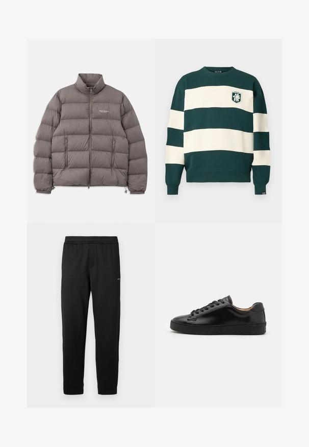 Grå polstret jakke med høj krave, frontlynlås og to sidelommer med lynlås. Glat tekstur med quiltet mønster og logo-detaljer.; Mørkegrøn og hvid stribet langærmet sweatshirt med "Italy EA7" mærke på brystet og lille EA7-tag på ærmet.; Sorte svedpants med elastisk talje og slim tapered ben samt lille logo på den øverste lår, vist på hvid baggrund.; Sorte lædersneakers med en glat overflade, rund tå og sorte snørebånd. Har minimal branding på hælen og en gummisål.