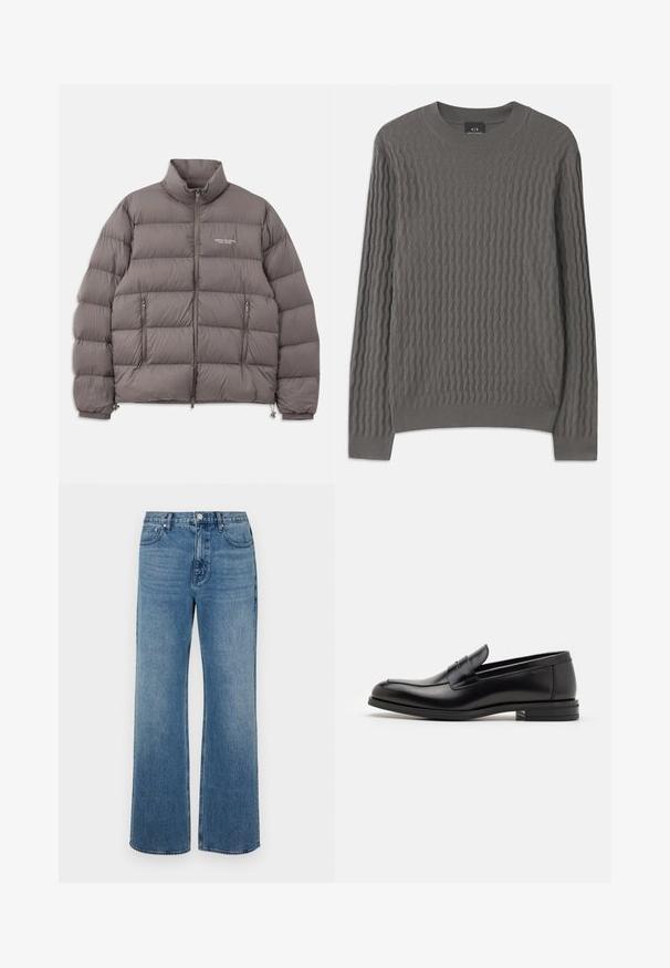 Graue gepolsterte Jacke mit hohem Kragen, frontalem Reißverschluss und zwei seitlichen Reißverschlusstaschen. Glatte Textur mit gesteppter Musterung und Logo-Details.; Armani Exchange Strickpullover - dark gull zig zag; Weite blaue Jeans aus Denim mit einem verblassten Finish. Verfügt über fünf Taschen, einen Frontknopfverschluss und einen geraden Schnitt.; Schwarze Lederloafers mit glatter Textur, rundem Zehenbereich und einem dekorativen Riemen über dem Vorderfuß. Niedriger, gestapelter Absatz, minimalistisches Design.
