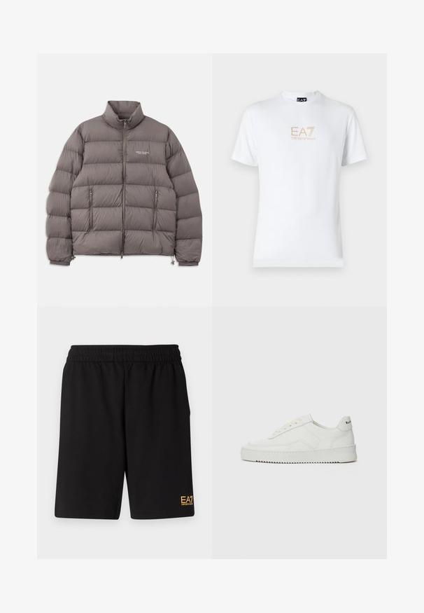 Sivá prešívaná bunda s vysokým golierom, predným zipsom a dvoma bočnými vreckami na zips. Hladká textura s prešívaným vzorom a detailmi loga.; Biela bavlnená tričko s okrúhlym výstrihom a krátkymi rukávmi, na prednej strane s potlačou zlatého loga EA7 Emporio Armani.; Čierne športové šortky vyrobené z jemného materiálu, s elastickým pásom a malým žltým logom EA7 na dolnej ľavej nohe.; Biele kožené tenisky s hladkým povrchom, okrúly špičkový dizajn, ploché šnúrky a textúrovaná podrážka. Obsahujú jemné logo na päte.